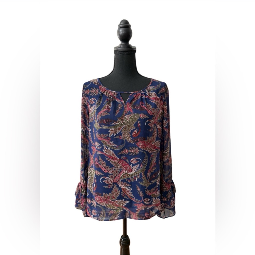Alyx Chic Blue and Maroon Paisley Women's Blouse with Tiered Flared Sleeves